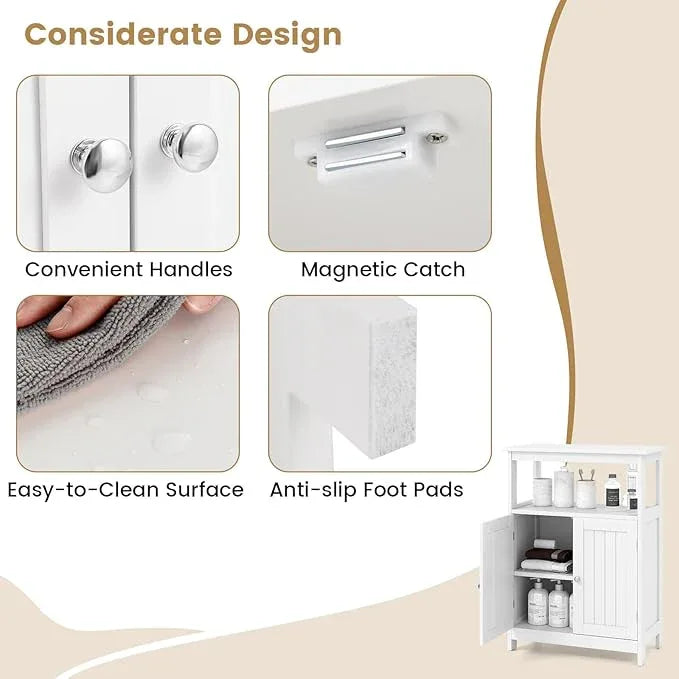GOFLAME Bathroom Cabinet, Floor Storage Organizer with 2 Doors, 2 Open Shelves, 3-Level Adjustable Shelf, Modern Storage Unit for Laundry Room, Entryway, Living Room, White - ModernBath