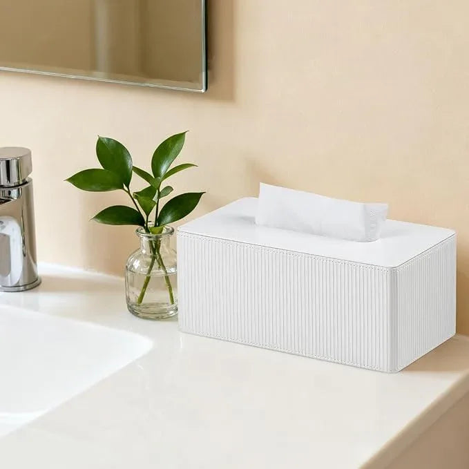 Cretkhp PU Leather Tissue Box Cover Rectangle with Magnetic Closure, Modern Tissue Box Holder for Bathroom NightStands Livingroom, Decorative Tissue Holder for 120(3-Ply)/160(2-Ply) Tissue Box (White) - ModernBath