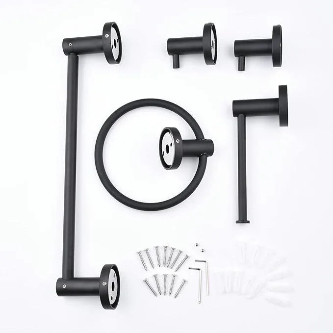 SHUNLI 5-Piece Bathroom Hardware Accessories Set Matte Black (Towel Bar Adjustable 16” to 26”, Toilet Paper Holder, Towel Ring, 2 PCS Towel Hook) Wall Mounted, SUS304 Stainless Steel - ModernBath