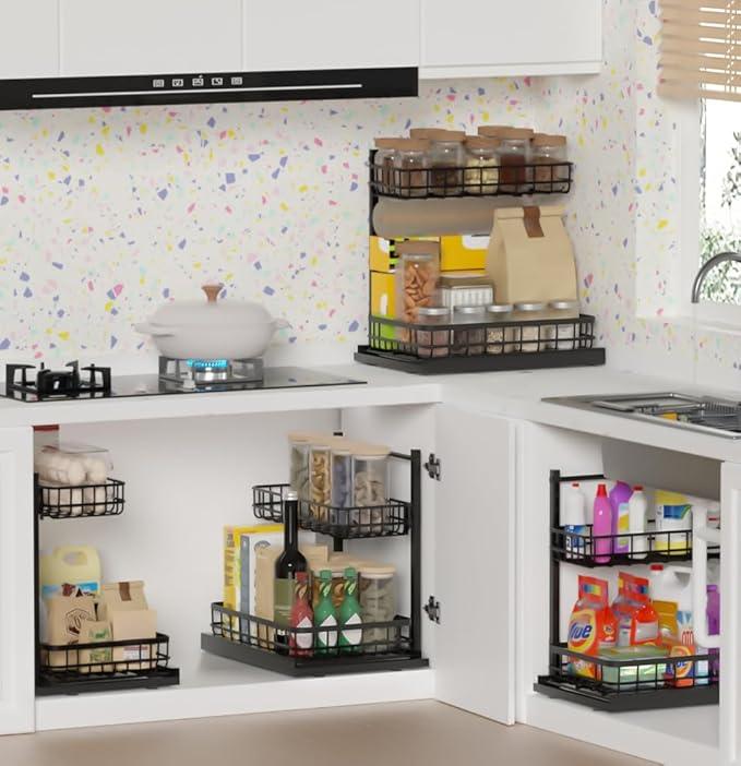 Under Sink Organizer, Adjustable Height Pull-Out Kitchen Storage Organization,15.8" x 11.8" x 16.5", 2-Tier Kitchen Shelf, Bathroom Drawer Organizer, 2 Pack|Black - ModernBath