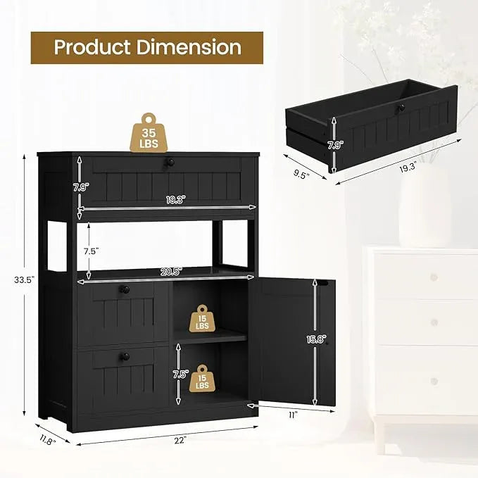 Storage Cabinet, Modern Bathroom Floor Storage Cabinet Organizer with 1 Door and 3 Drawers, Freestanding Cupboard for Kitchen/Living Room Use - ModernBath