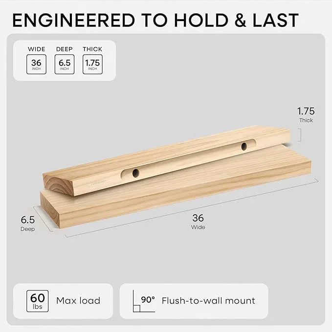 Homeforia 36 inch Natural Floating Shelf, High End Solid Real Wood 36inch Small Floating Shelves for Wall Mounted, Natural Wooden Floating Shelves, Heavy Duty Bracket, 36 X 6.5 X 1.75 in, Set of 4 - ModernBath