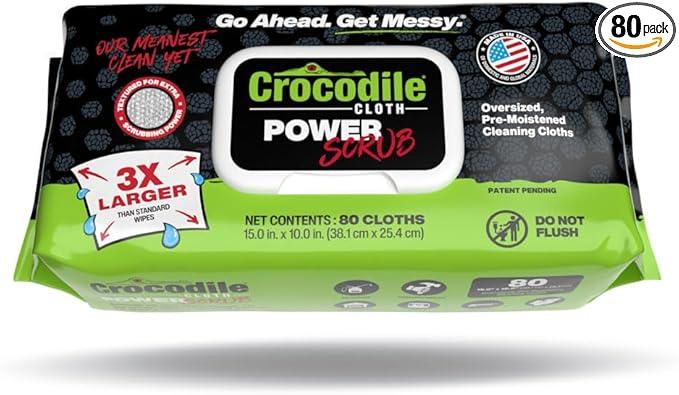 Crocodile Cloth PowerSCRUB Cleaning Wipes – 80 (15" x 10") Dual-Surface Cloths, Heavy-Duty, Moist, Absorbent, & Disposable - Safe on Skin & Multiple Surfaces - ModernBath
