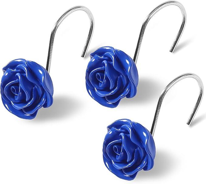 Litabel Rose Flower Shower Curtain Hooks 12PCS,Home Decorative Blue Rose Shower Curtain Hooks Metal Rustproof Cute Rose Flower Shower Hooks Rings Bathroom Shower Rods Decoration Accessories - ModernBath
