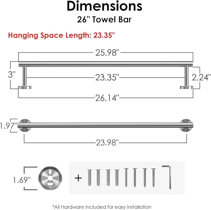 FORIOUS Towel Racks for Bathroom Wall Mounted, Stainless Steel Bathroom Towel Rack 24 Inch, Includes Wall Mounting Hardware (Brushed Nickel, Total Length 26-Inch) - ModernBath