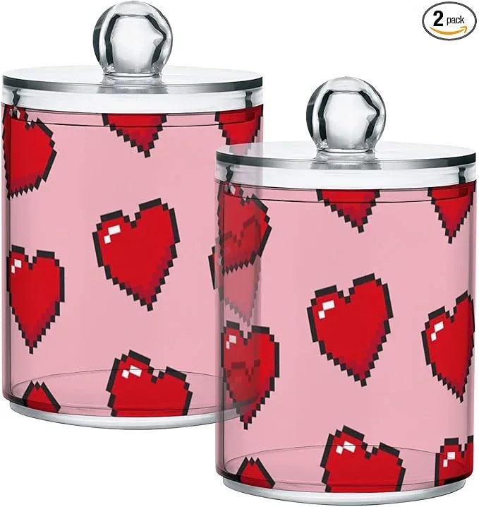 Tatenale Qtip Holder Bathroom Set Q tip Cotton Ball Swab Pad Dispenser Container Organizer Plastic Jars with Lids Storage 2Pack Red Pixel Hearts Pink - ModernBath