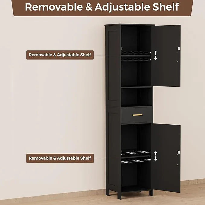 Homhedy 67"H Tall Bathroom Storage Cabinet with Rattan Decorated Door and Drawer, Narrow Storage Unit, Adjustable Shelves, Floor Cabinet for Bathroom, Living Room, Kitchen, Black and Natural, (15.7"W) - ModernBath