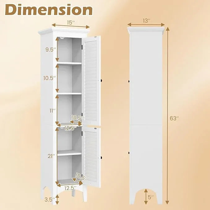 Tangkula 63" Tall Bathroom Storage Cabinet, Freestanding Narrow Linen Tower with Adjustable Shelf, Modern Slim Floor Cabinet with 2 Doors for Bathroom, Living Room, Kitchen (White) - ModernBath