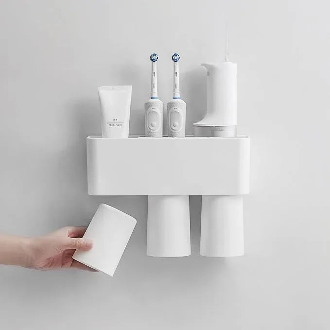 FLAUVEL Wall-Mounted Toothbrush and Toothpaste Holder - Self-Draining Design, Easy Installation, Space-Saving, White (Triple - Three Magnetic Cups) - ModernBath