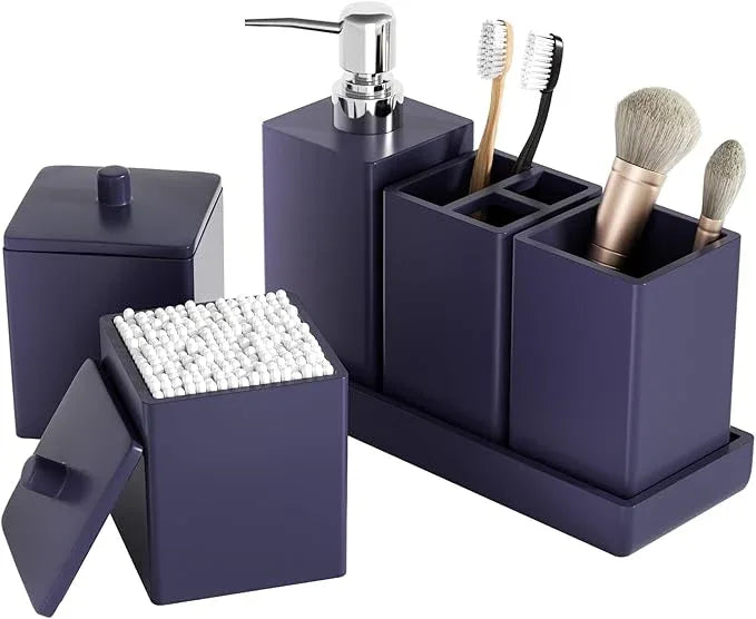 Navy Blue Bathroom Accessories Set Resin 6PCS, Square Toothbrush Holders Set Complete with Soap Dispenser, Vanity Tray, Tumbler, Cups and Cotton Swab Jars for Counter, Sink or Small Spaces - ModernBath