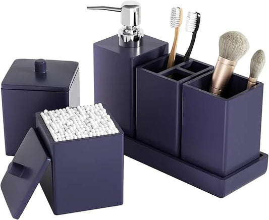 Navy Blue Bathroom Accessories Set Resin 6PCS, Square Toothbrush Holders Set Complete with Soap Dispenser, Vanity Tray, Tumbler, Cups and Cotton Swab Jars for Counter, Sink or Small Spaces - ModernBath