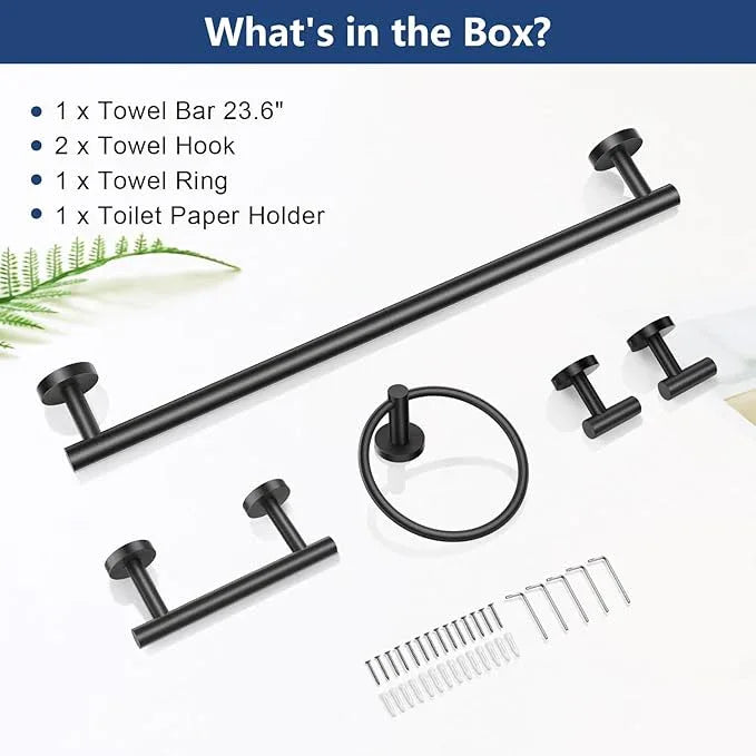 TQKAG Matte Black 5 Piece Bathroom Hardware Accessories Set 23.6" SUS304 Stainless Steel Bathroom Towel Bar Holder Sets Double Post Pivoting Toilet Paper Holder Set Wall Mounted - ModernBath