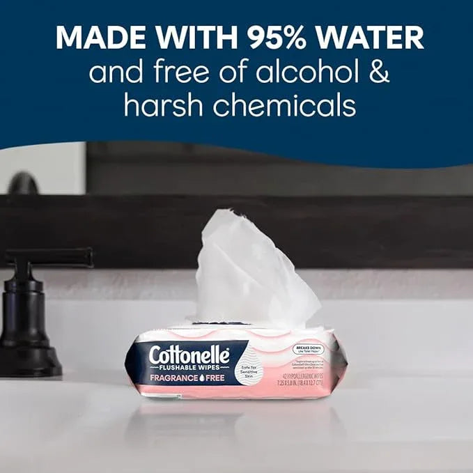 Cottonelle Fragrance Free Flushable Wet Wipes, Adult Wet Wipes, 2 Flip-Top Packs, 42 Wipes Per Pack - ModernBath