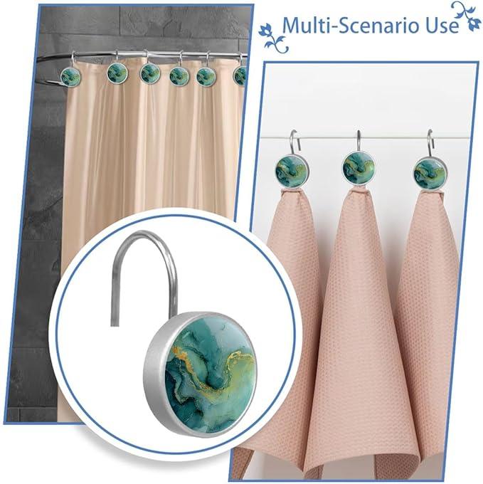 12 Packs Abstract Green Marble Shower Curtain Hooks, Crystal Glass Shower Curtain Rings for Bathroom, Rustproof Metal Curtain Rod Hooks - ModernBath