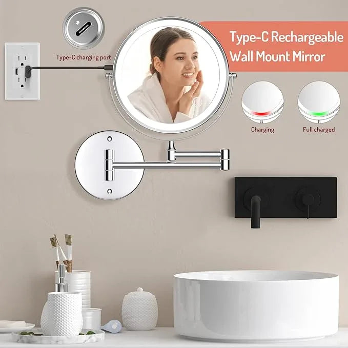 Rocollos Rechargeable Wall Mounted Lighted Makeup Mirror Chrome, 8 Inch Double-Sided LED Vanity Mirror 1X/10X Magnification,3 Color Lights Touch Screen Dimmable 360°Swivel 13 Inch Extendable - ModernBath