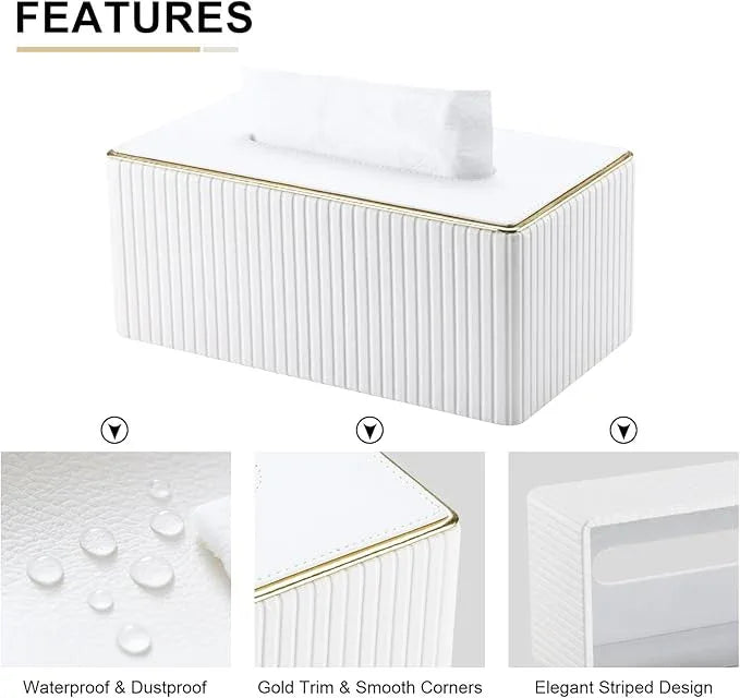 KINGFOM Rectangular Tissue Box Cover, PU Leather Tissue Box Holder with Magnetic Bottom, Napkin & Facial Tissue Holder Dispenser Decorative Box Cover for 120-count (3-Ply) 160-count (2-Ply) White - ModernBath