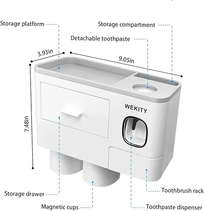 Wekity Multifunctional Wall-Mounted Toothbrush Holder, Automatic Toothpaste Dispenser Space Saving Toothbrush and Toothpaste Holder, with 2 Cups and Drawers Cosmetic Organizer(Grey) - ModernBath