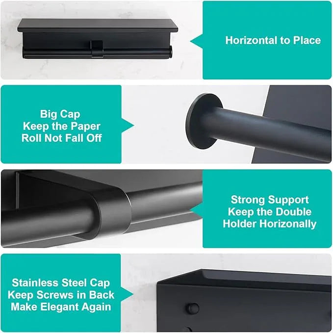 BGL Toilet Paper Holder with Shelf Matte Black, 304 Stainless Steel Wall Mount Toilet Tissue Roll Holder with Double Post for Bathroom, Commercial Toilet Paper Dispenser with Phone Shelf - ModernBath