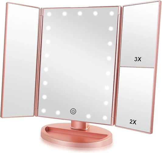 Infitrans Trifold Makeup Mirror Vanity Mirror with Lights,1X 2X 3X Magnification,Touch Control,Adjustable Rotation,Dual Power Supply,Portable Travel Cosmetic Mirror,Birthday Gifts for Women,Teengirls - ModernBath