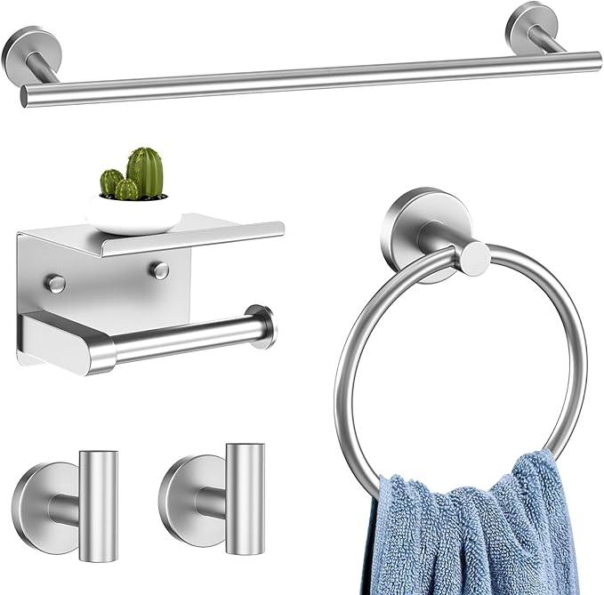 5-Piece Brushed Nickel Towel Bar Set Bathroom Hardware Set Includes Multi-Purpose Toilet Paper Holder 23.6in Towel Bar Towel Ring Towel Hooks Stainless Steel Wall-Mounted Bathroom Accessories - ModernBath