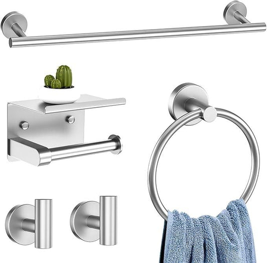 5-Piece Brushed Nickel Towel Bar Set Bathroom Hardware Set Includes Multi-Purpose Toilet Paper Holder 23.6in Towel Bar Towel Ring Towel Hooks Stainless Steel Wall-Mounted Bathroom Accessories - ModernBath