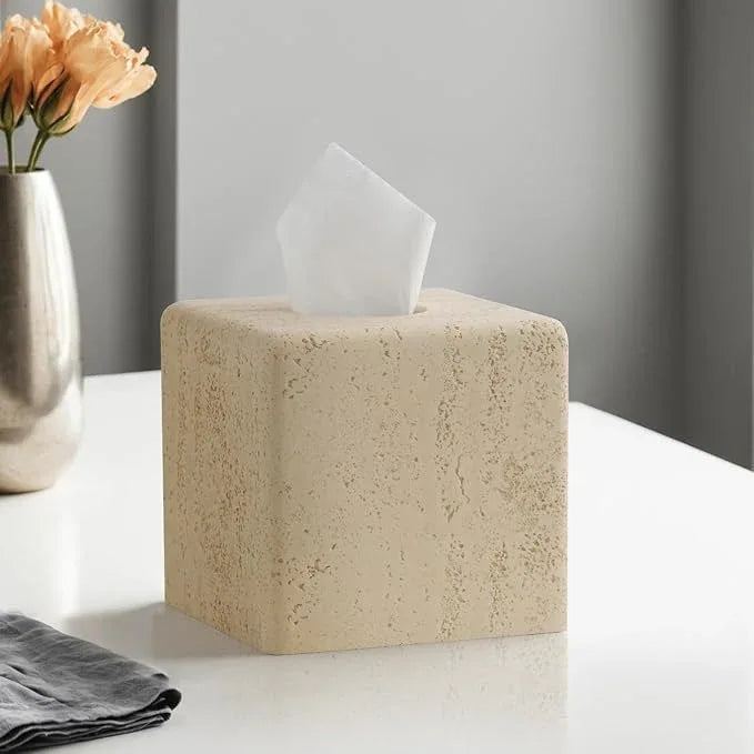 Haocoott Tissue Box Cover Square, Resin Facial Tissue Holder Covers Toilet Paper Holder Decorative Travertine Paper Dispenser Home Decor for Bathroom Bedroom Living Room Office (Square Yellow) - ModernBath
