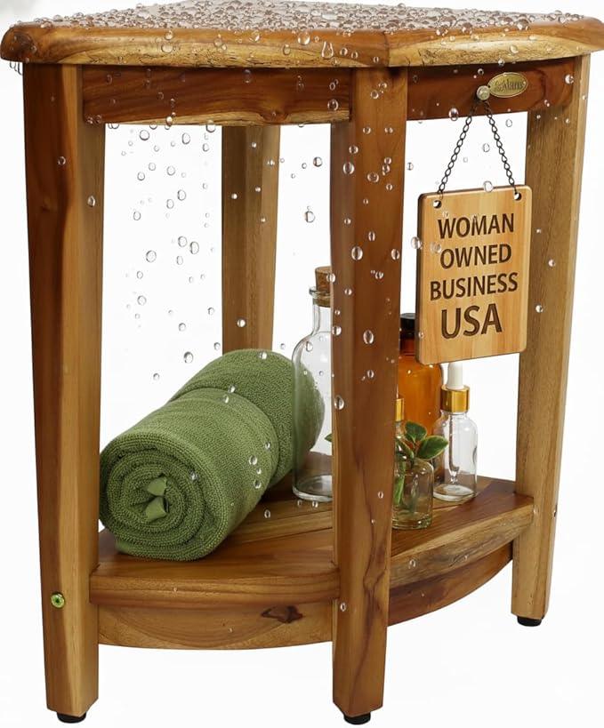 EcoDecors 24" Extended Height Snazzy Corner Natural Color Waterproof Teak Wood Shower Bench Stool Seat Chair for Inside Shower Storage Shelf Provides Safety and Storage for Bathroom Accessories - ModernBath