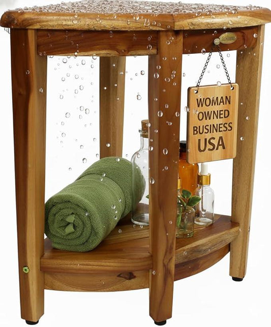 EcoDecors 24" Extended Height Snazzy Corner Natural Color Waterproof Teak Wood Shower Bench Stool Seat Chair for Inside Shower Storage Shelf Provides Safety and Storage for Bathroom Accessories - ModernBath