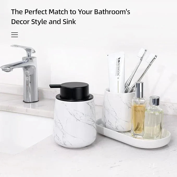 BosilunLife Bathroom Accessories Set 3 pcs - Bathroom Ceramic Foaming Soap Dispenser Set Farmhouse Marble Bathroom Decor, Foam Soap Dispenser and Toothbrush Holder/Tumbler Cup, Tray - ModernBath