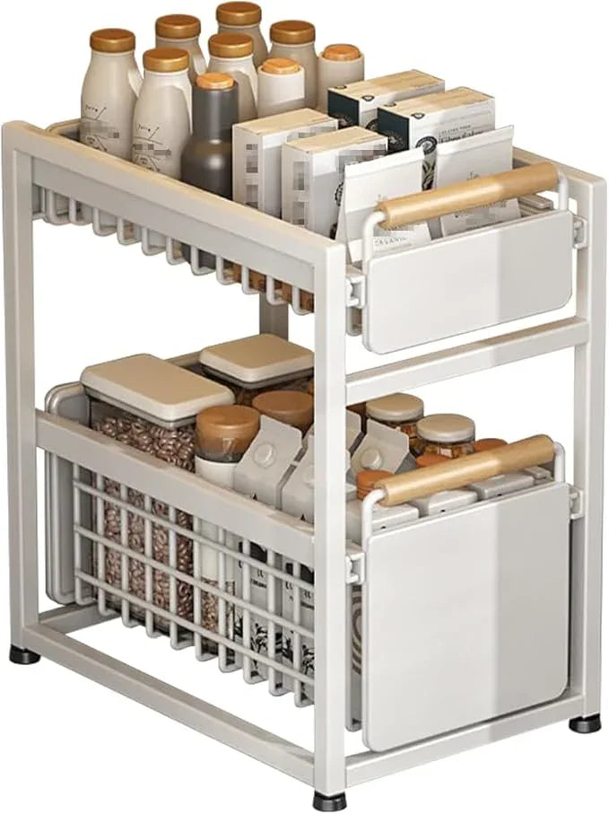 2 Tier Pull-out Storage Organizer, Slide Out Kitchen Cabinet Storage Sliding Shelves, Under Sink Organizers Drawer, Mesh Cabinet Basket with Handle for Bathroom, Home(White,Double Layer S) - ModernBath