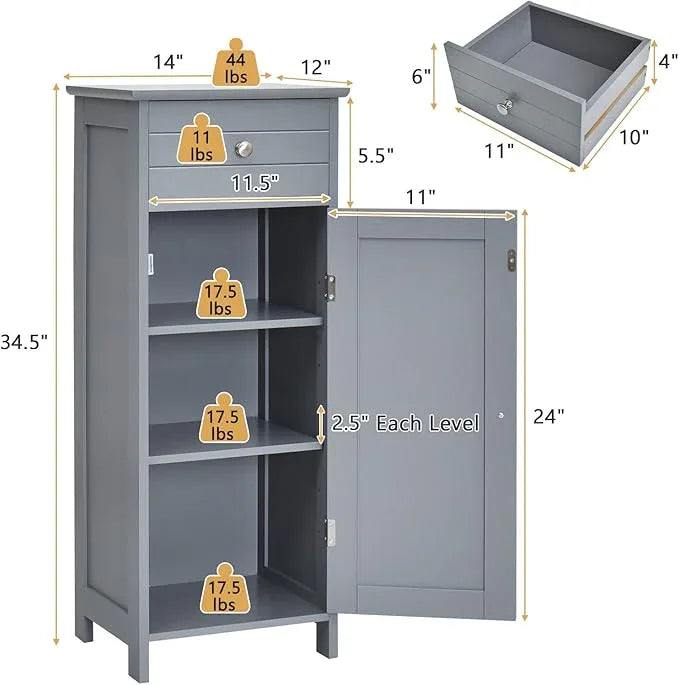 COSTWAY Bathroom Storage Cabinet, Single Door Floor Cabinet with Drawer and 3-Level Adjustable Shelves, Modern Side Storage Organizer with Anti-Tipping Device for Living Room, Bedroom (Gray) - ModernBath
