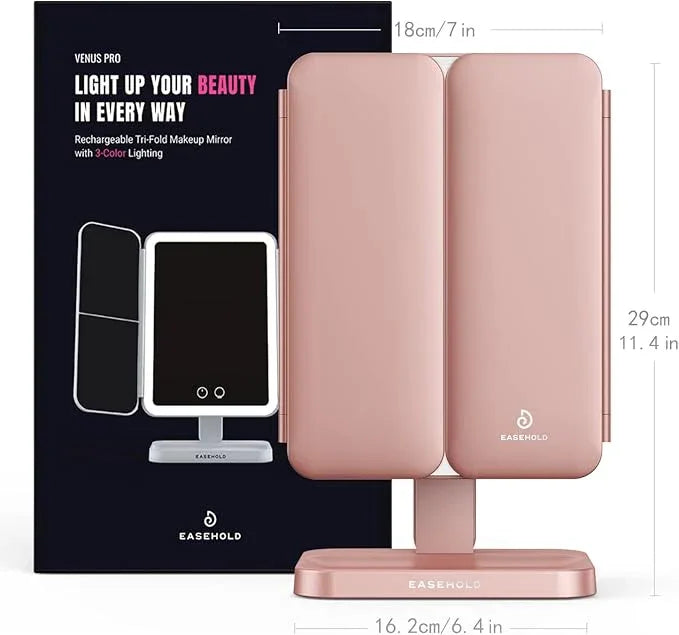EASEHOLD Rechargable Makeup Mirror Vanity Mirror with Lights, 5000Mah & USB Cable, 112 LEDs Lighted Trifold Mirror with 1X 2X 3X 10X Magnification, Smart Touch, Portable Cosmetic Beauty Mirror - ModernBath