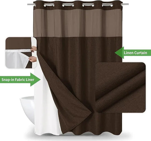 eachope Long No Hooks Needed Linen Textured Shower Curtain with Snap-in Fabric Liner Set,Hotel Luxury Decor Shower Curtains for Bathroom,Waterproof & Washable,71Wx80H,Brown - ModernBath