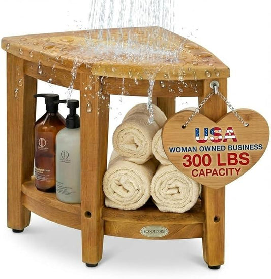 EcoDecors Teak Shower Corner Caddy 18" – Waterproof Wood Storage Organizer with Built-in Shelf and Adjustable Feet - Ideal for Small Bathrooms & Walk-in Showers - Indonesian Teak - ModernBath