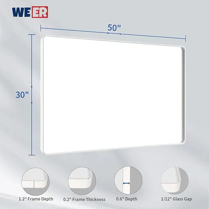 WEER White Bathroom Mirror 50X30 Inch, Rounded Rectangle White Metal Frame Mirror, Matte White Bathroom Vanity Mirror with Tempered Glass, Anti-Rust, Hangs Horizontally or Vertically - ModernBath