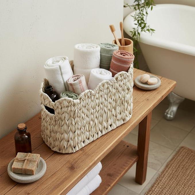 Toilet Paper Storage Basket,Boho Decorative Scalloped Baskets,Coastal Bathroom Decor,Hand-Woven Plastic Wicker Bathroom Accessories Organizer - ModernBath