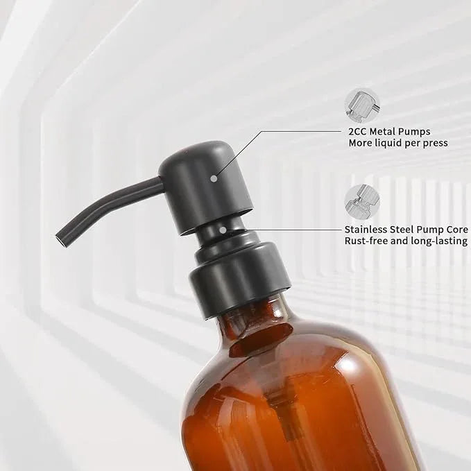 Prus Waso Amber Glass Soap Dispenser Set, Hand Soap and Lotion Set with Black Stainless Steel Pump, Perfect for Modern Bathroom Decor. (Amber) - ModernBath