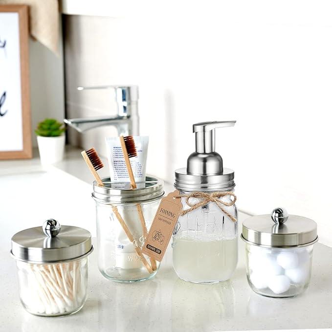 Amolliar Mason Jar Bathroom Accessories Set(4 Pack) - Foaming Soap Dispenser&Qtip Holder &Toothbrush Holder-Rustic Farmhouse Decor Bathroom Organizer Apothecary Jar Country Countertop (Brushed Nickel) - ModernBath