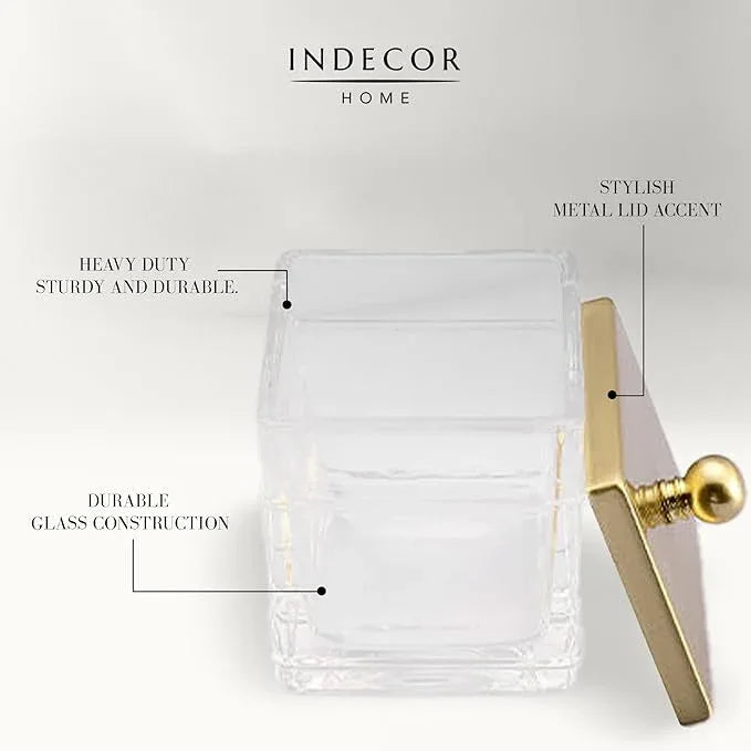 Indecor Home Clear Transparent Hotel Style Apothecary Tempered Glass Canister Jar W/ Gold Metal Lid Cover, Classic Countertop Organizer for Cotton balls/pads, Floss Picks, Makeup Storage - ModernBath