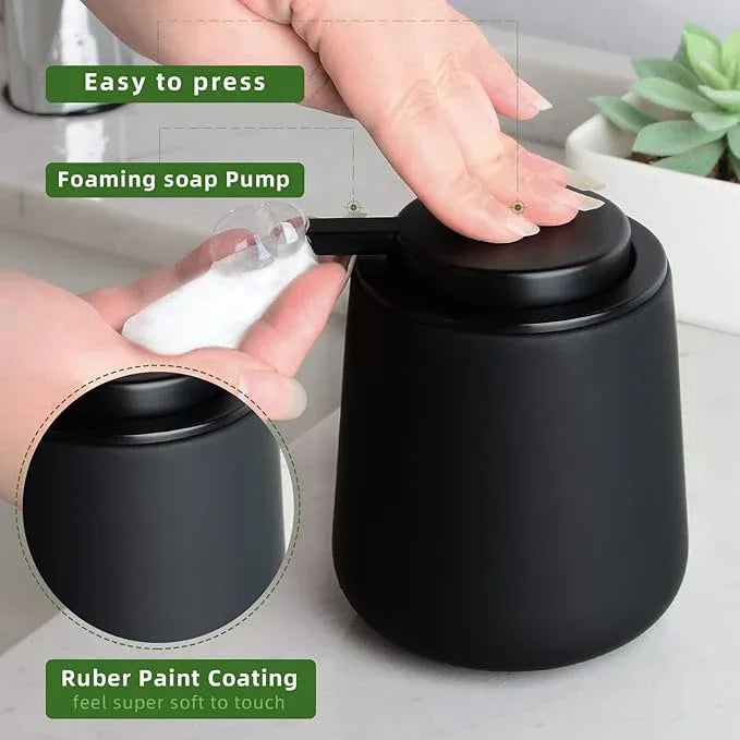 Black Bathroom Accessories Set 3 pcs - Ceramic Foaming Bathroom Soap Dispenser Set Farmhouse Black Bathroom Decor, Foam Soap Dispenser and Toothbrush Holder/Tumbler Cup, Tray - ModernBath