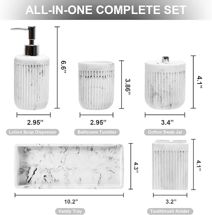 XLHOMO Resin White Marble Bathroom Accessories Set 5 Pcs, Lotion Soap Dispenser, Toothbrush Holder, Bathroom Tumbler, Qtip Holder and Vanity Tray, Bathroom Countertop Organizer Set for Home Apartment - ModernBath