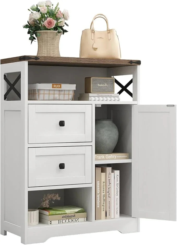 Fameill White Farmhouse Storage Cabinet with 2 Drawers & Shelves,Freestanding Kitchen Cabinet with Doors,Floor Storage Organization for Living Room,Bathroom,Laundry - ModernBath