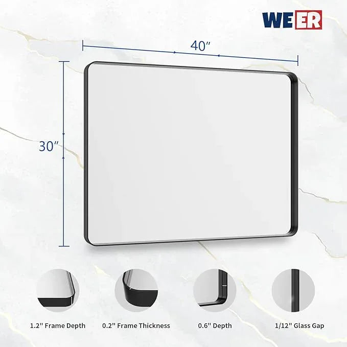 WEER Black Bathroom Mirror for Wall 40X30 Inch, Rectangular Black Metal Framed Vanity Mirror, Farmhouse Bathroom Mirror with Tempered Glass, Rounded Corner, Anti-Rust (Horizontal/Vertical) - ModernBath