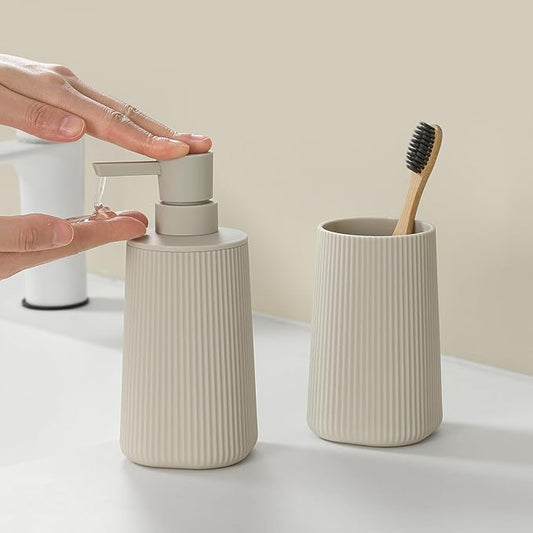 YAUKPH Bathroom Accessories 2 Piece Soap Dispenser and Toothbrush Holder Set Striped Beige