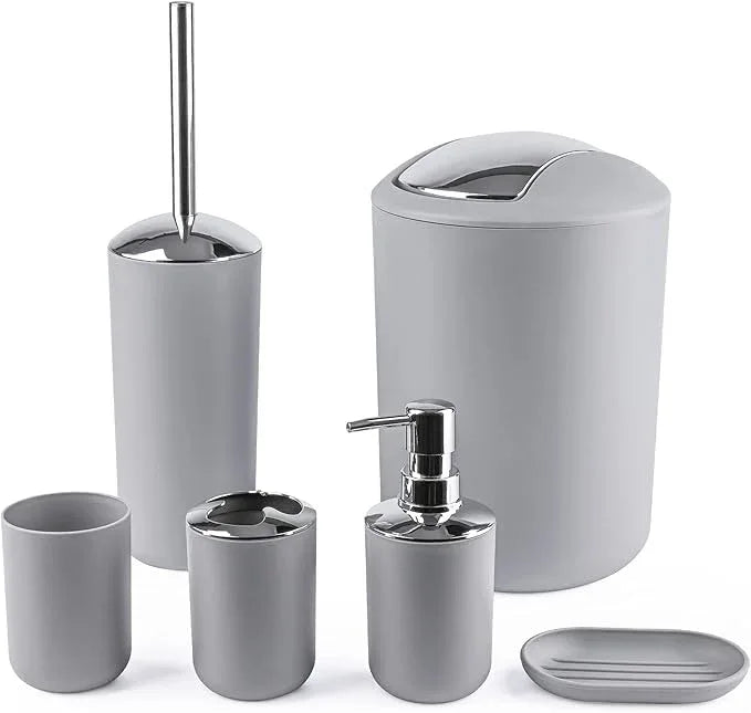 Papillon Bathroom Accessories - 6 Piece Plastic Gift Toothbrush Holder,Toothbrush Cup,Soap Dispenser & Dish,Toilet Brush Holder,Trash Can,Tumbler Straw Set (Gray) - ModernBath
