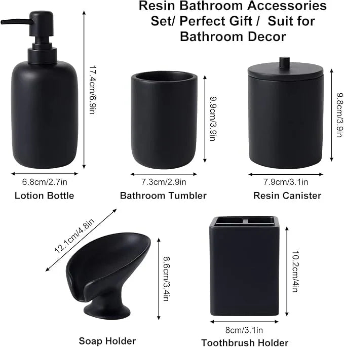 Resin Matte Black Bathroom Accessories Set of 5, Lotion Soap Dispenser, Bathroom Organizer Accessory, Toothbrush Holder, Self Draining Soap Dish and Bathroom Tumbler for Modern Home Decor - ModernBath
