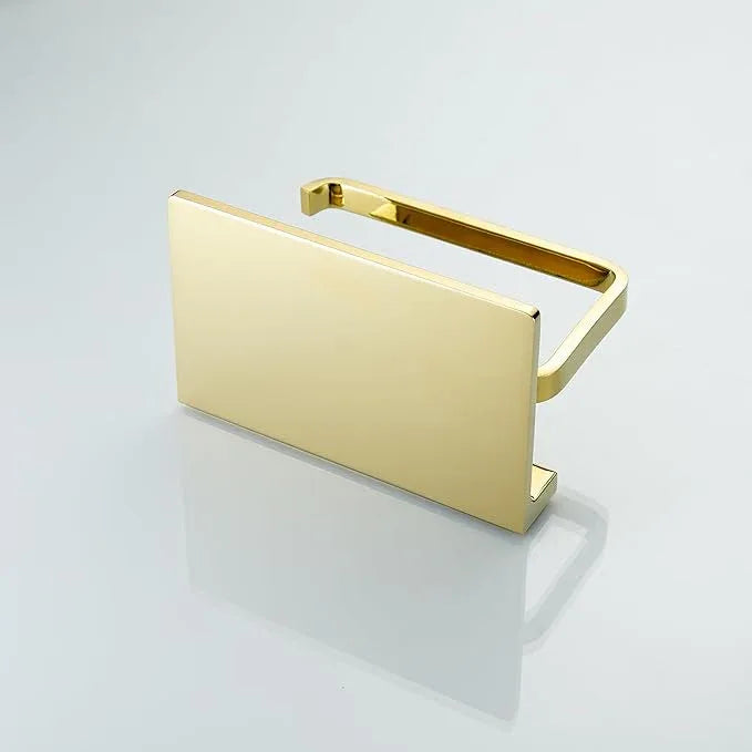 Toilet Roll Paper Holder Bathroom Solid Brass and Superior Hotel Style Wall Mount Tissue Roll Holder with Phone Shelf Bright Gold Finished - ModernBath