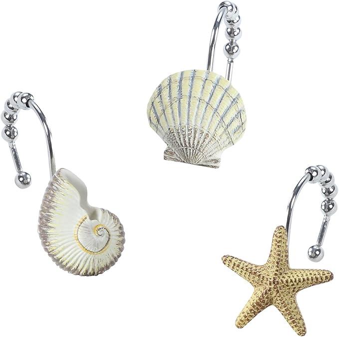 Coastal Seashell Shower Curtain Hooks, Under The Sea Beach Starfish Bathroom Shower Curtain Hooks Rust Proof, 5 Roller Ring Balls Decorative Shower Hooks for Shower Curtain, Set of 12 - ModernBath