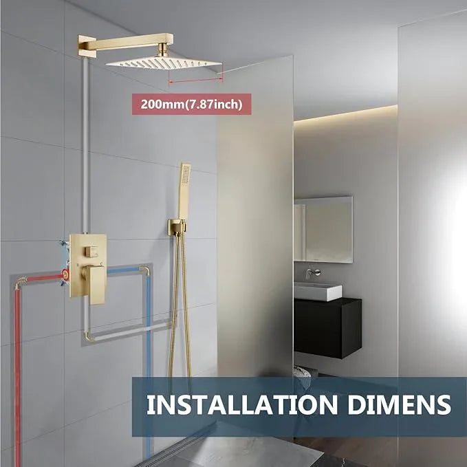 Aolemi Shower Faucet Set Rain Shower System with Handheld Spray Bathroom Shower Combo Rough-in Valve and Shower Trim Kit Included Brushed Gold 8 Inch Wall Mount Shower Head - ModernBath