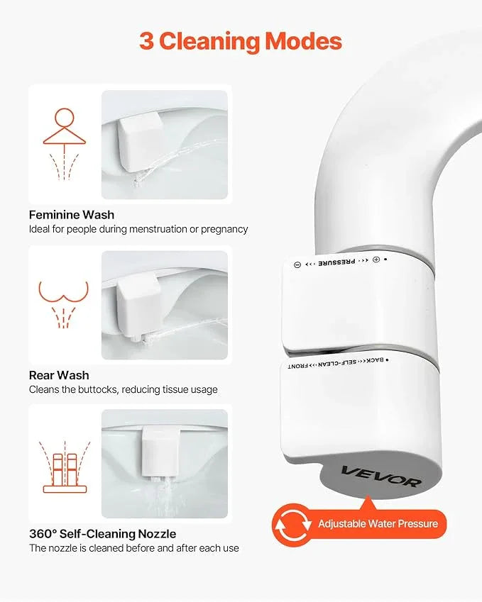 VEVOR Bidet Attachment for Toilet, Self-Cleaning Bidet Toilet Seat Attachment - Dual Retractable Nozzles, Adjustable Water Pressure, Easily Installed Cold Water Sprayer for Rear Feminine Wash, White - ModernBath
